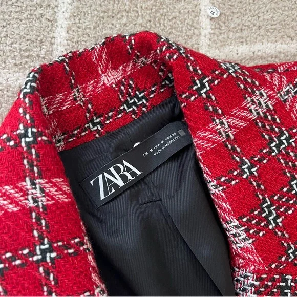 NWOT ZARA Red Plaid Tweed Double Breasted Blazer - Picture 4 of 8